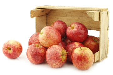 fresh sweet small apples in a wooden crate on a white background
