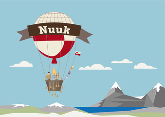 Fototapeta na wymiar Air Balloon with adventures and Nuuk banner