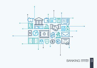 Banking integrated thin line symbols. Motion arrows vector concept, with connected flat design icons. Abstract background illustration for network, money, card, bank, business, finance concepts