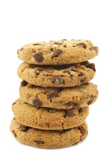 stacked crunchy chocolate chip cookies on a white background