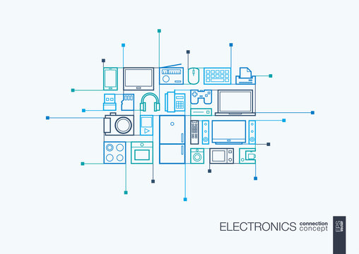 Electronics integrated thin line symbols. Modern linear style vector concept, with connected flat design icons. Abstract background illustration for multimedia shop, household and market concepts