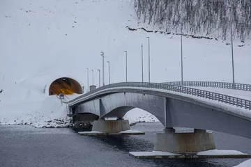 Cercles muraux Tunnel Gryllefjord-bridge and Ballesvikskar-tunnel near Gryllefjord at Senja Island, Troms, Norway