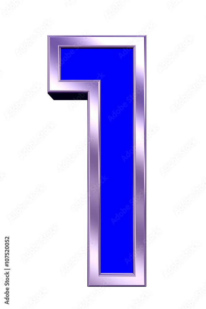 Fototapete one digit from blue with shiny frame alphabet set, isolated on white. 3d illustration.