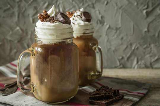 Cold coffee drink in glass jar