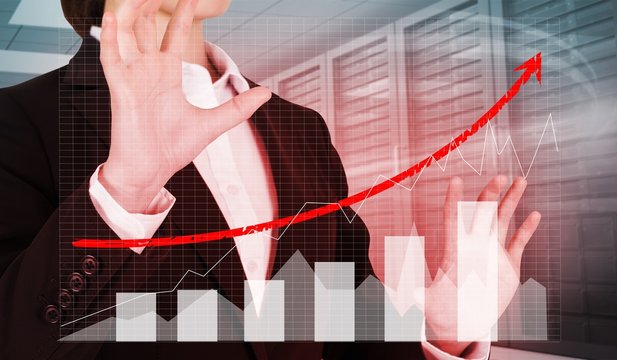 Composite image of businesswoman presenting