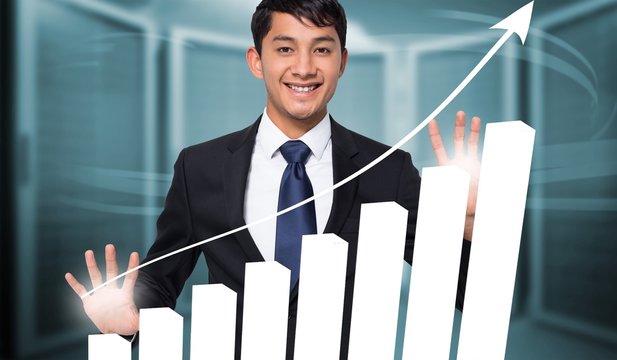 Composite image of smiling businessman touching