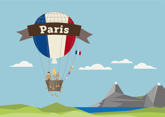 Fototapeta na wymiar Air Balloon with adventures and Paris banner