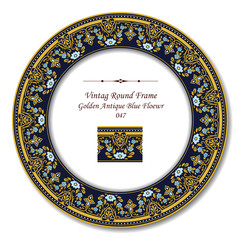 Vintage Round Retro Frame 047 Golden Antique Blue Flower
