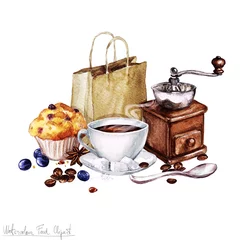 Foto op Canvas Watercolor Food Clipart - Coffee and Muffin © nataliahubbert