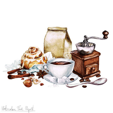 Watercolor Food Clipart - Coffee and Roll
