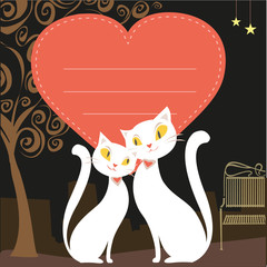 Couple of white cats and red  heart