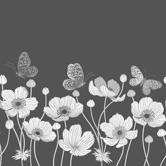 Obrazy na Plexi  bezszwowa monochromatyczna granica z anemonem i motylami