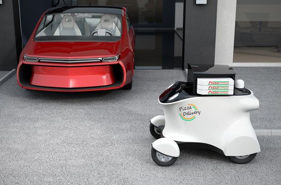 Autonomous delivery robot in front of the garage waiting for picking pizza. 3D rendering image in original design.