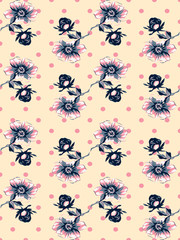 Vintage wallpaper seamless rose flower pattern on circles polka background vector illustration