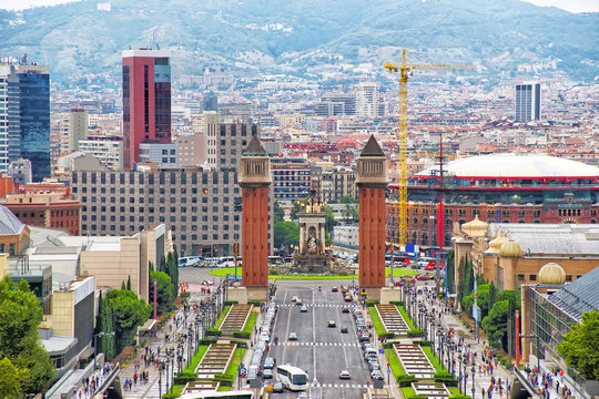 Venetian towers on Plaza de Espana on Montjuic in Barcelona