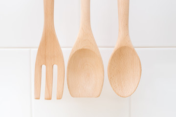 clean wood spoon and fork