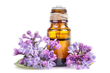 Essential oil made from lilac on a white background