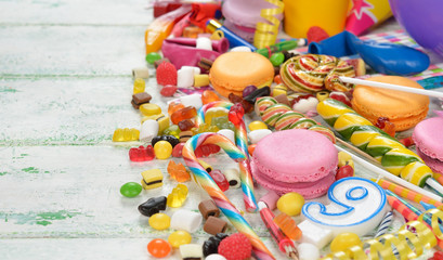 Colorful sweets and items for children's birthdays