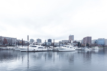 Obraz premium yacht on water with cityscape and skyline in portland