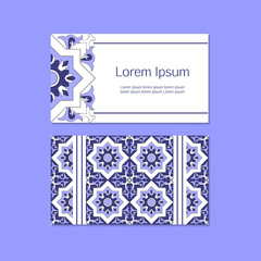 Ornamental  print design business card template vector. Tiles pattern and ornaments. Oriental design Layout – Portuguese azulejo, morrocan, Islam, Arabic, ottoman motifs. Front and back page.