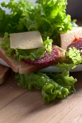 toasts with salami, cheese and salad