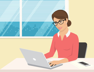 Business woman wearing rose shirt sitting in the office and working with laptop. Flat illustration of business people at work desk