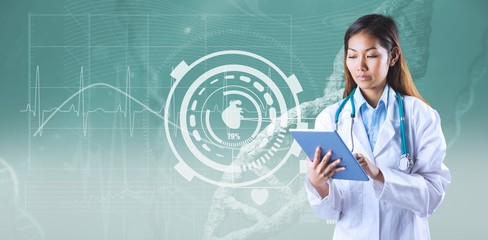 Composite image of asian doctor using tablet
