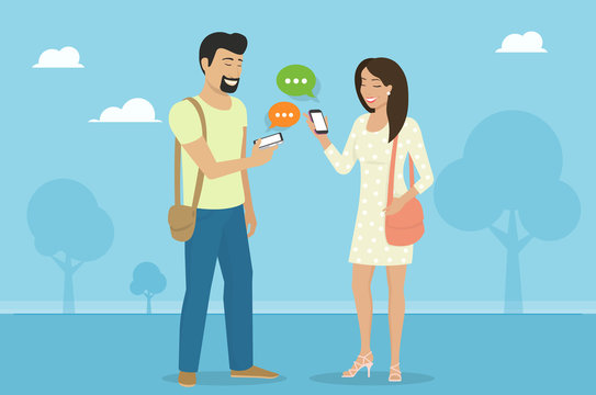 Smiling woman holds the smartphone in her hand and sending messages to her male friend via messenger app. Flat illustration of instant texting and data sharing 