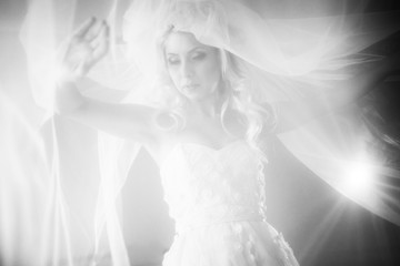 Fototapeta na wymiar Beautiful fairytale blonde bride posing in wedding dress under v