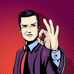 Vector illustration of successful businessman gives ok in vintage pop art comics style. Likes and positive feel. Gesture good, agree and smile.