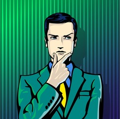 Vector illustration of successful businessman thinks in vintage pop art comics style. Likes and positive feel. Gesture good, agree and smile.
