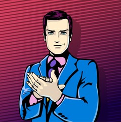 Vector illustration of successful businessman applause in vintage pop art comics style. Likes and positive feel. Gesture good, agree and smile.