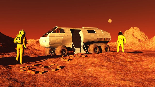 The image of the astronaut and mars rover 3D illustration