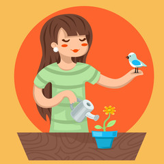 Cartoon Girl Female Woman Character Bird Watering Flower Icon on Stylish Background Design Vector Illustration