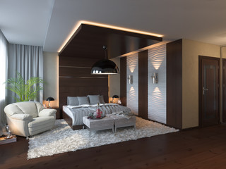 3d render of bedroom interior design in a contemporary style.