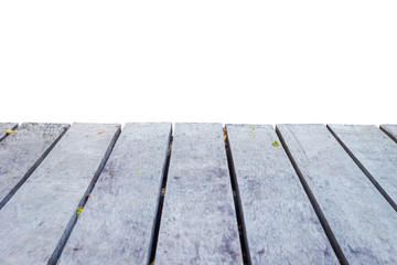 empty wooden perspective with small leaves isolated on white bac