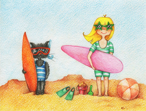 hand drawn picture of girl and cat, standing on the beach with surfboards by colorful pencils