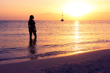 Fototapeta na wymiar woman enjoying the sunset on the beach
