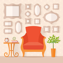 Living room with furniture and paintings on the wall. Flat style vector illustration. Interior design.