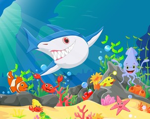 illustration of Underwater world with reefs and tropical fishes
