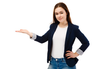 Woman pointing isolated on white background 