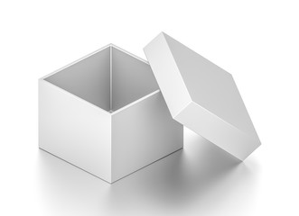 Isometric white open cube blank box with cover isolated on white background.