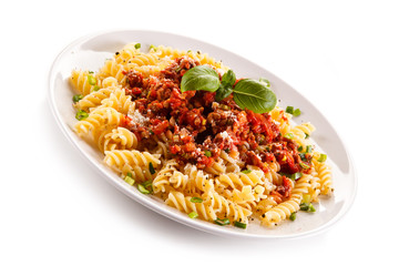 Pasta with meat, tomato sauce and vegetables