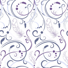 vector seamless floral pattern with feathers and leaves on a white backdrop