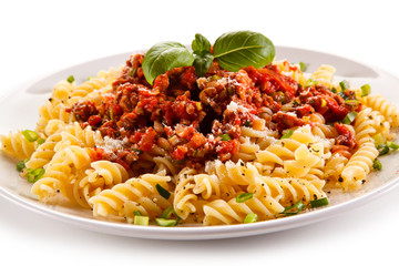 Pasta with meat, tomato sauce and vegetables