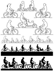 Vector silhouette outline of people who ride a bicycle