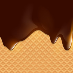 Dark chocolate flows on wafer. Dessert background. Stock vector