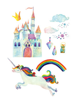 Watercolor fairy tale collection with unicorn, rainbow, castle, magic gemstones and fairy clouds