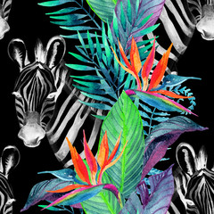 Fototapeta na wymiar Tropical jungle seamless pattern. Floral design with zebra on white background.