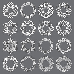 Set of round frames. Sixteen hexagonal decorative elements with stripes braiding for your logo or monogram design. Mandalas collection of white lines with black strokes on gray background.